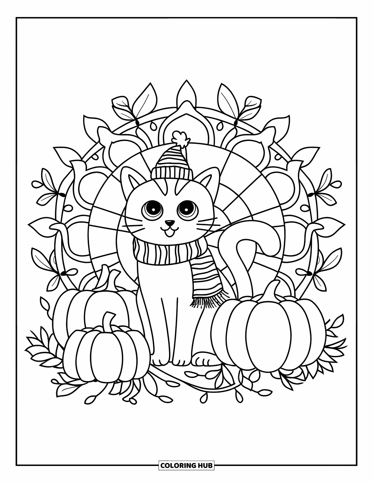 Fall Cat Coloring Page for Adults: A scarfed cat with a festive hat sits beside pumpkins in a leafy mandala