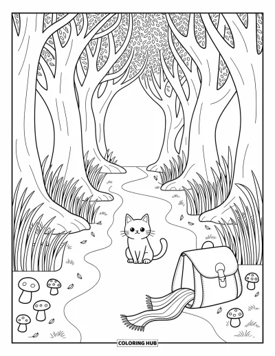 Őszi macska kifestő felnőtteknek: Egy kis macska erdei ösvényen ül ívben hajló fák és örvénylő őszi levelek alatt
