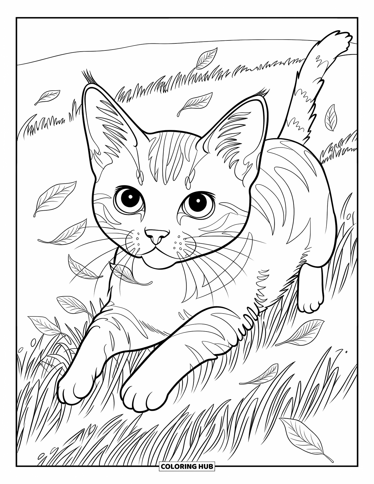 Fall Cat Coloring Page for Kids: A bright-eyed tabby leaps mid-air through a hayfield full of floating leaves