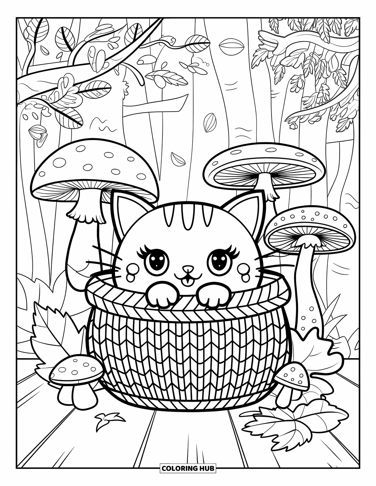 Fall Cat Coloring Page for Kids: A cat curls up in a knitted basket surrounded by mushrooms and forest leaves
