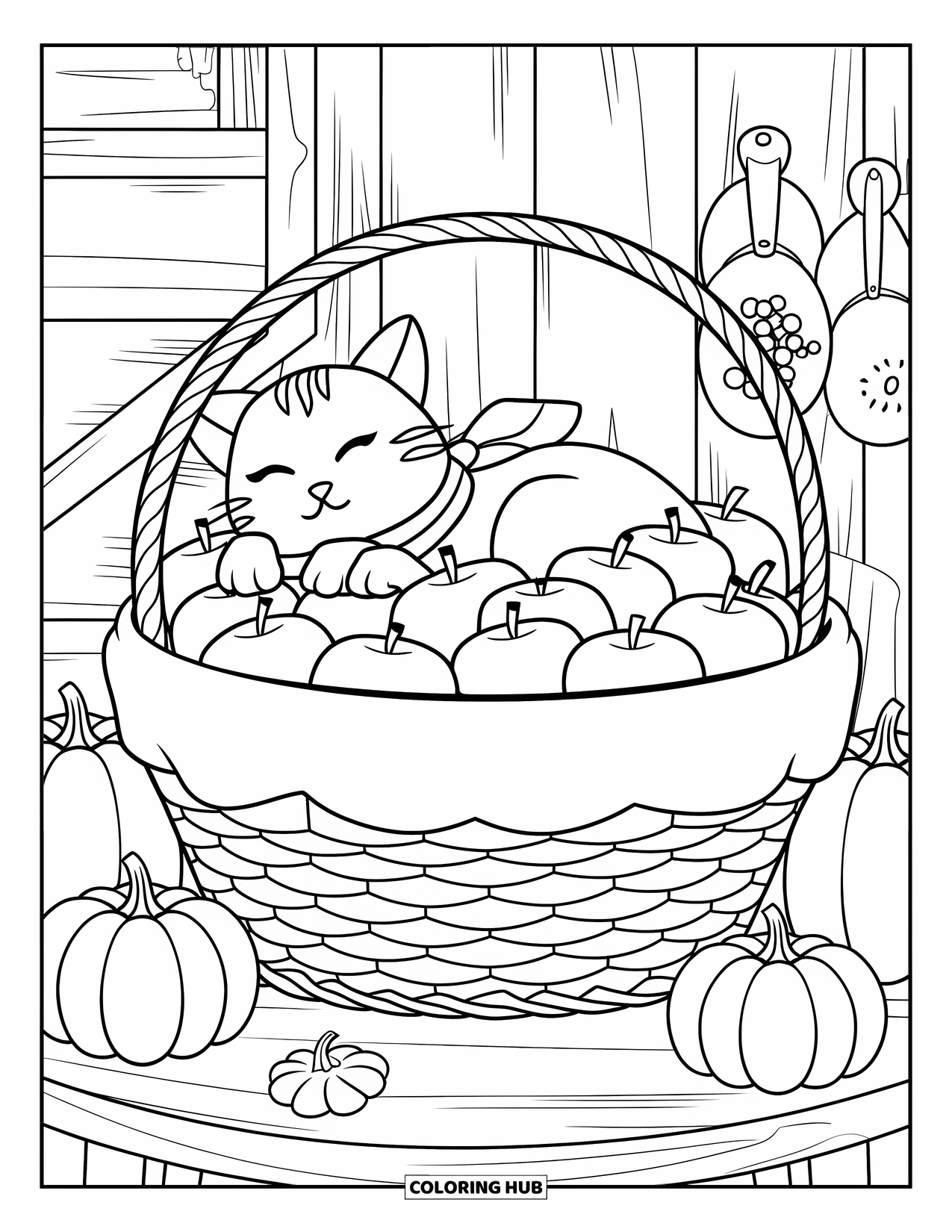 Fall Cat Coloring Page for Kids: A cat naps in a big apple basket beside pumpkins on a wooden table