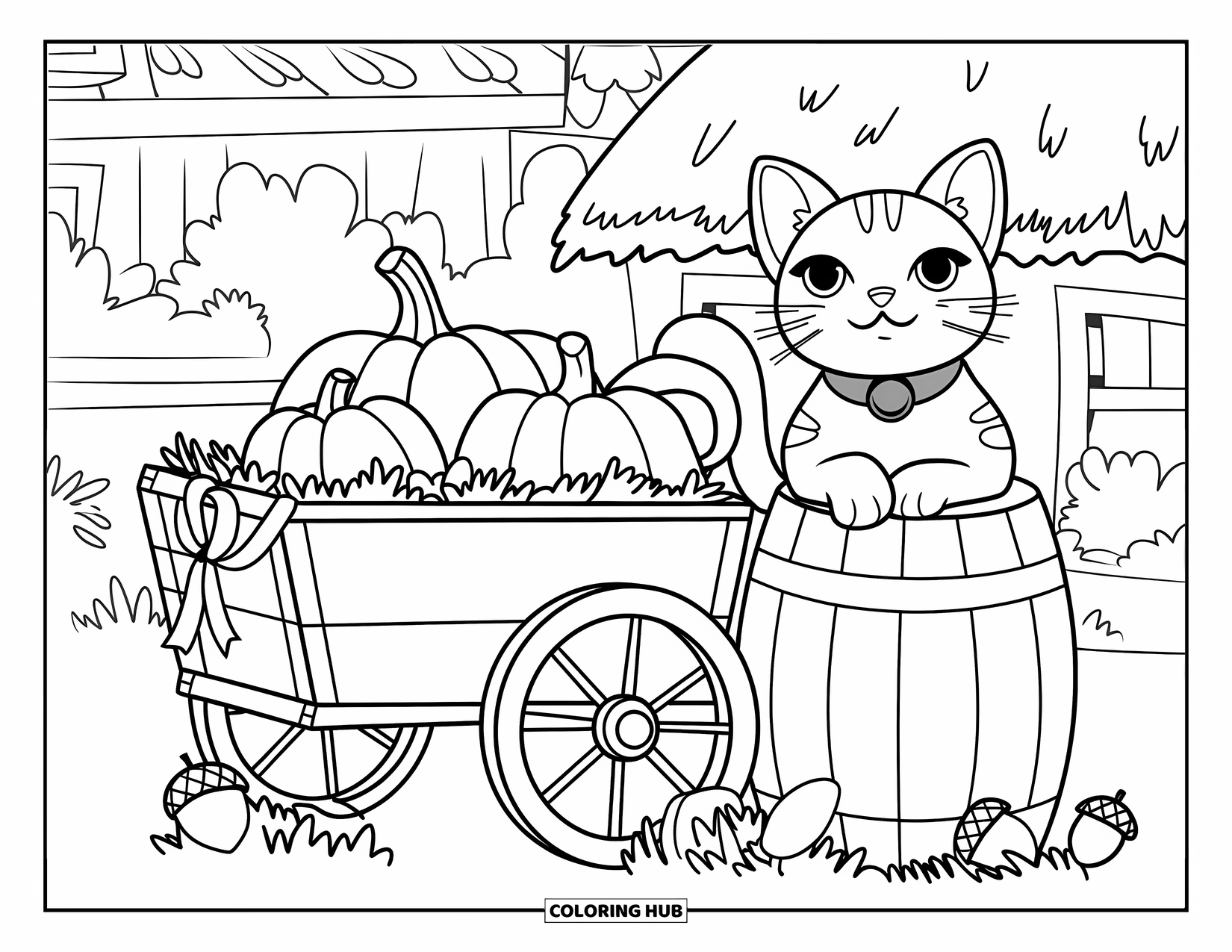 Fall Cat Coloring Page for Kids: A cat with a cute collar rests next to a cart full of pumpkins and acorns