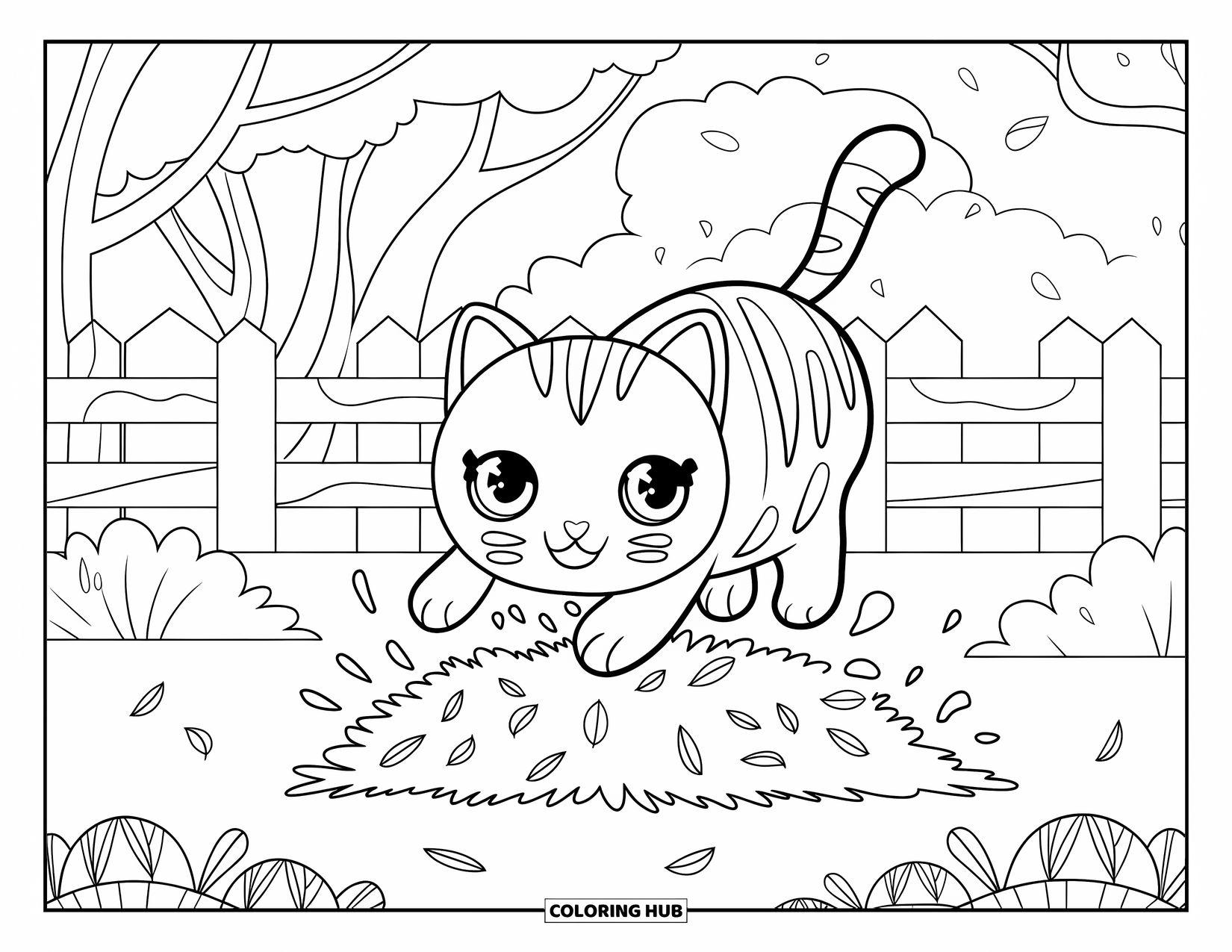 Fall Cat Coloring Page for Kids: A cheerful cat jumps into a big pile of leaves near a wooden fence and trees