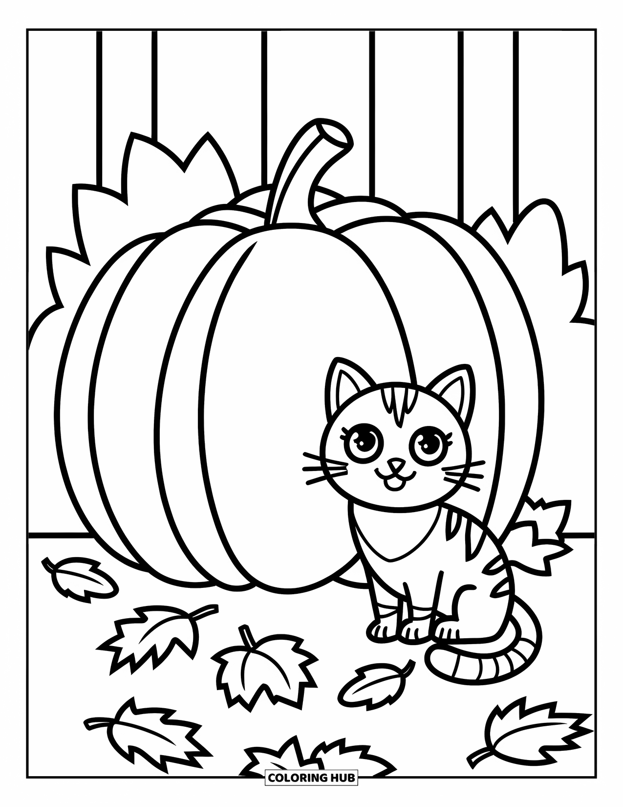 Fall Cat Coloring Page for Kids: A cheerful cat sits beside a pumpkin surrounded by leaves in a playful fall scene