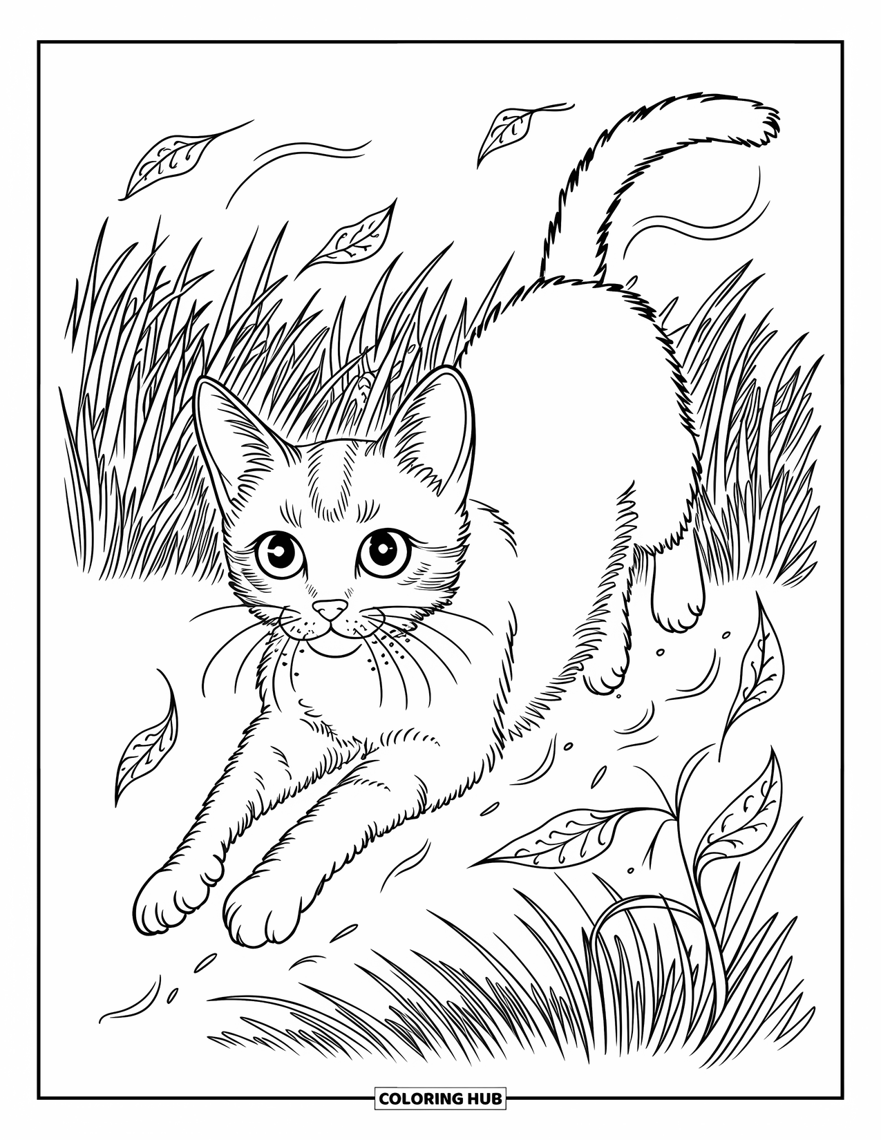 Fall Cat Coloring Page for Kids: A cheerful tabby cat jumps through a hayfield with dried leaves in the breeze