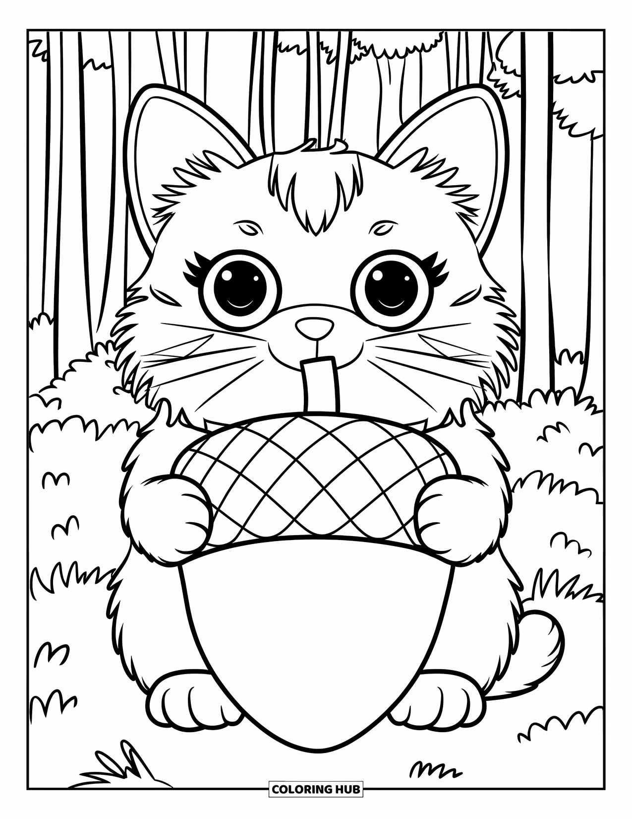 Fall Cat Coloring Page for Kids: A cozy cat clutches a large acorn while relaxing in a peaceful autumn forest