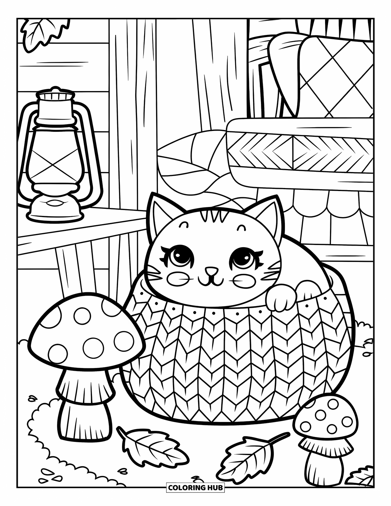 Fall Cat Coloring Page for Kids: A cozy cat in a basket sleeps beside mushrooms in a warm, rustic setting