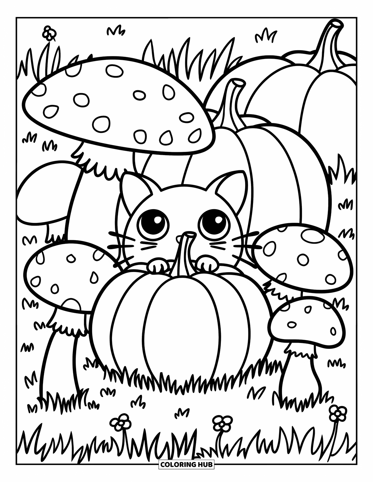 Fall Cat Coloring Page for Kids: A cozy cat peeks from behind pumpkins and mushrooms in a sunny autumn field
