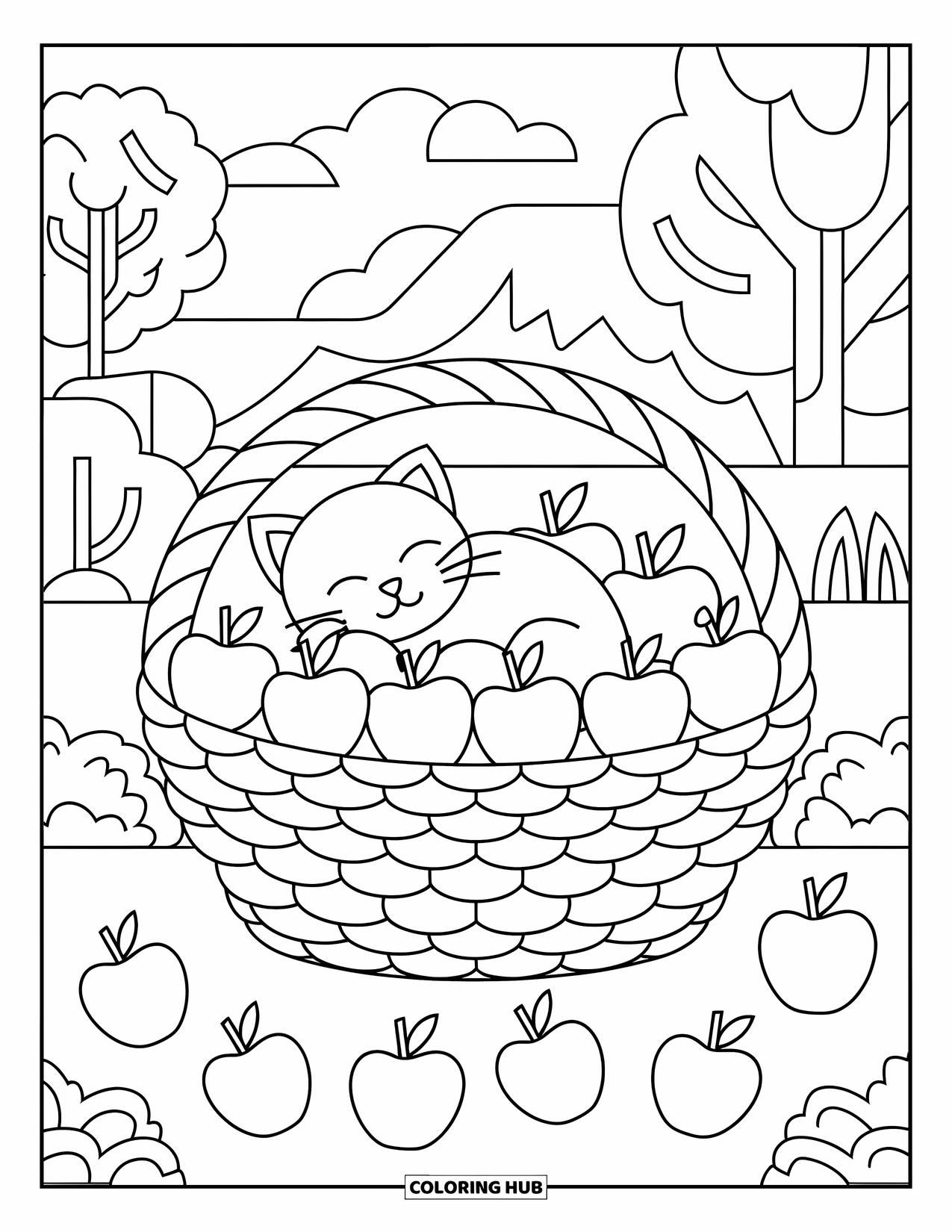 Fall Cat Coloring Page for Kids: A cozy cat sleeps in an apple basket surrounded by trees and falling apples