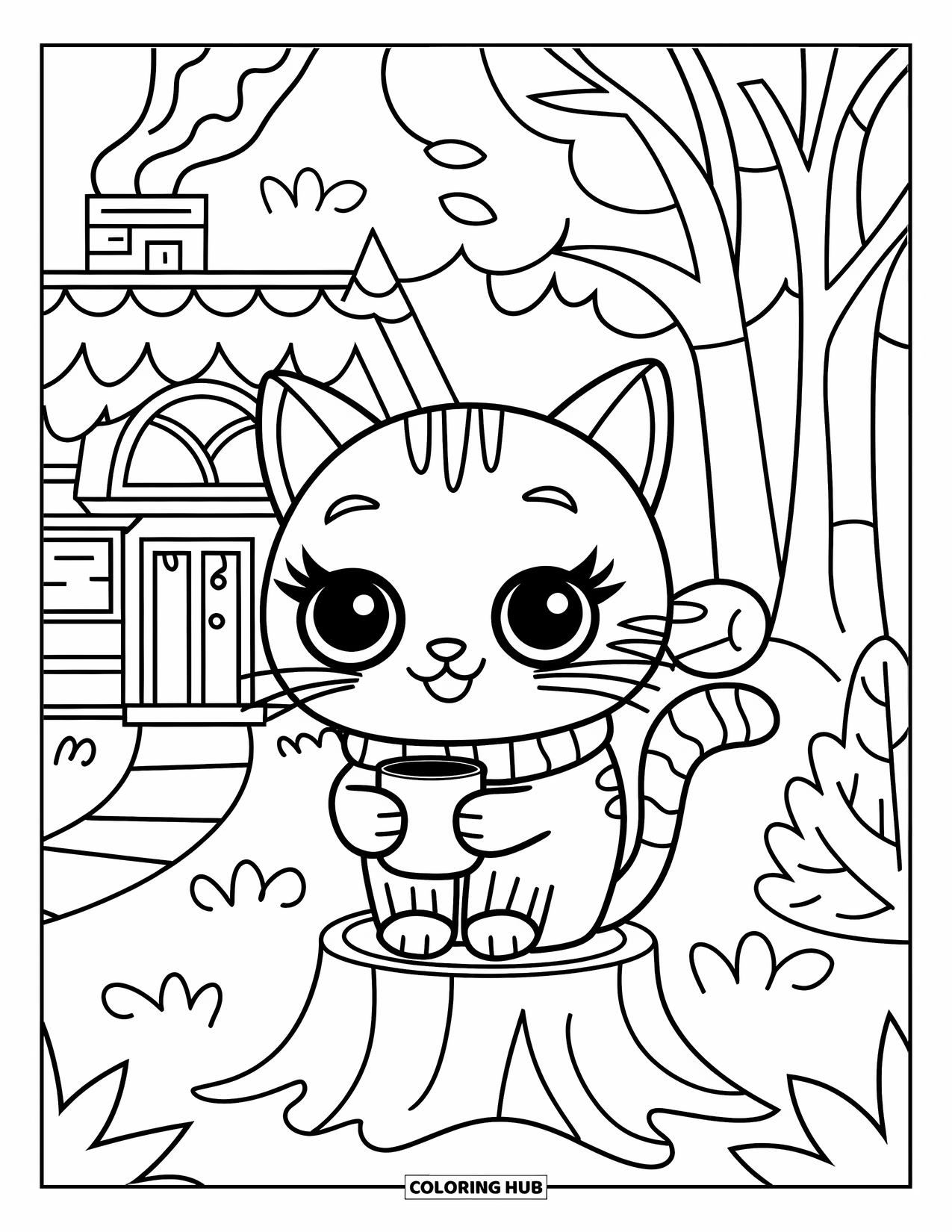 Fall Cat Coloring Page for Kids: A cozy cat with a scarf and mug sits on a tree stump near a smoking cottage