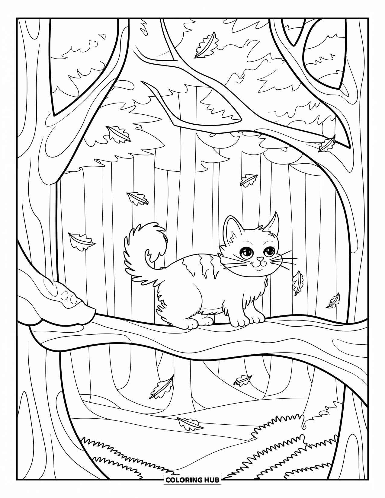 Fall Cat Coloring Page for Kids: A cozy cat with a scarf perches on a branch surrounded by swirling autumn leaves