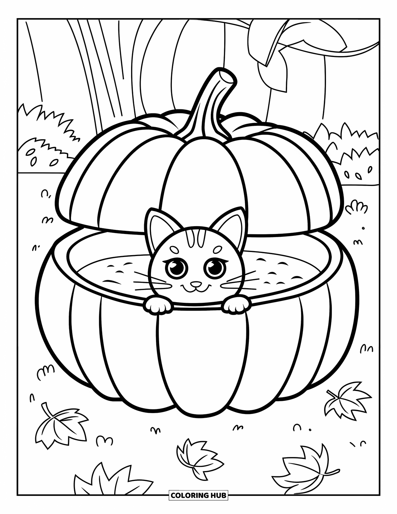 Fall Cat Coloring Page for Kids: A cute cat peeks out from inside a big hollow pumpkin outdoors