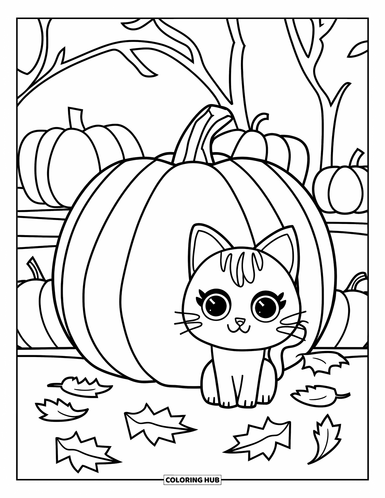 Fall Cat Coloring Page for Kids: A fall cat rests beside a large pumpkin and scattered leaves in a cozy setting