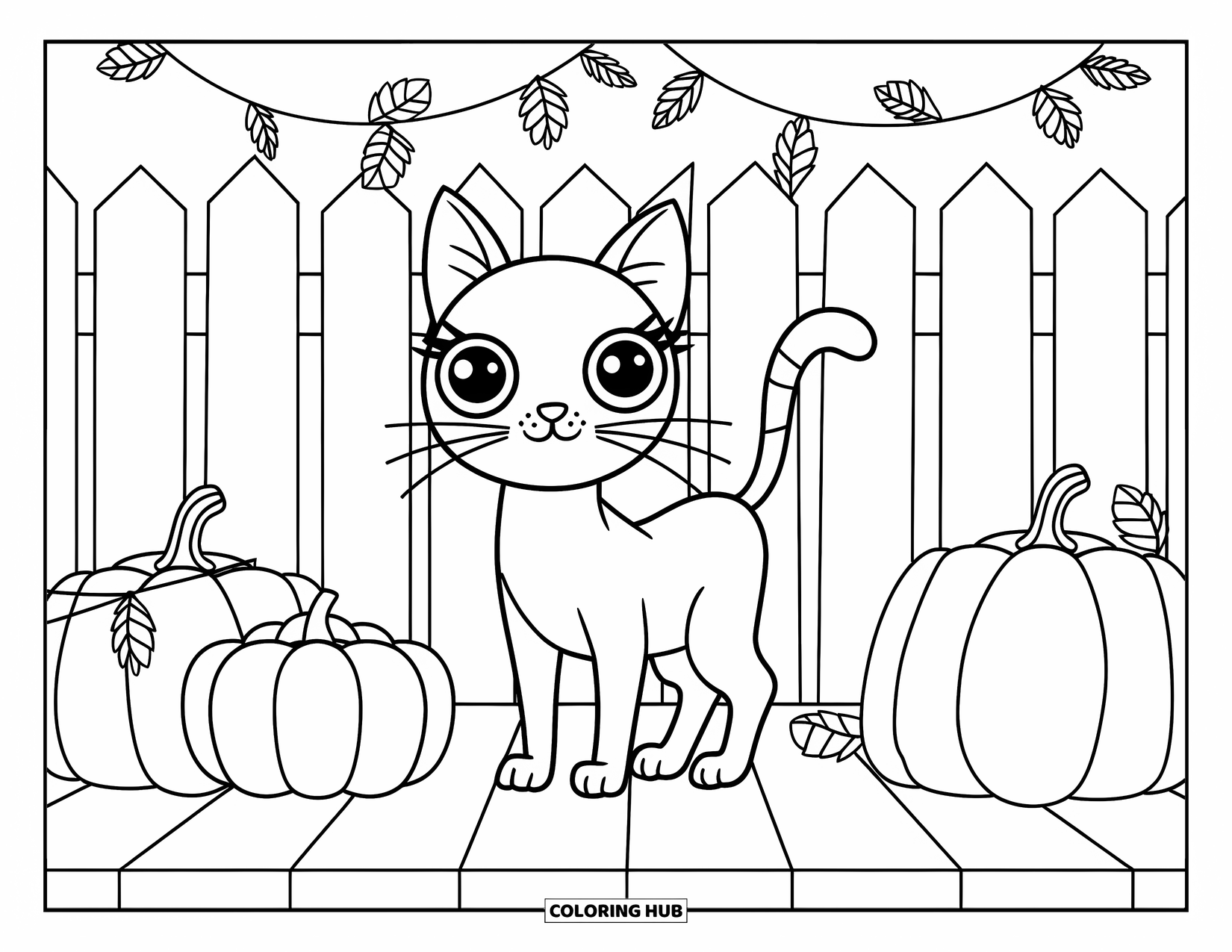 Fall Cat Coloring Page for Kids: A fall cat stands on a porch surrounded by pumpkins, garlands, and a white fence