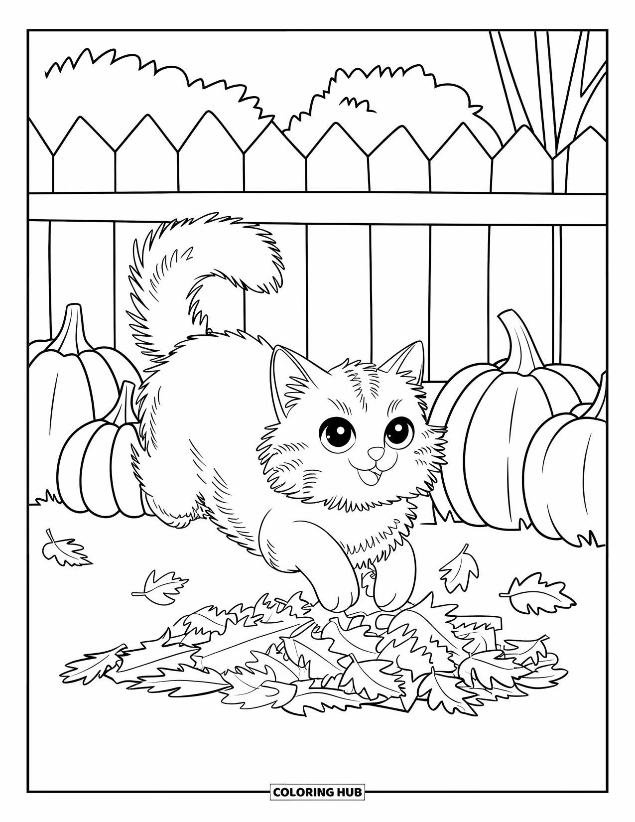 Fall Cat Coloring Page for Kids: A fluffy cat leaps into a pile of leaves in a backyard with pumpkins and a fence