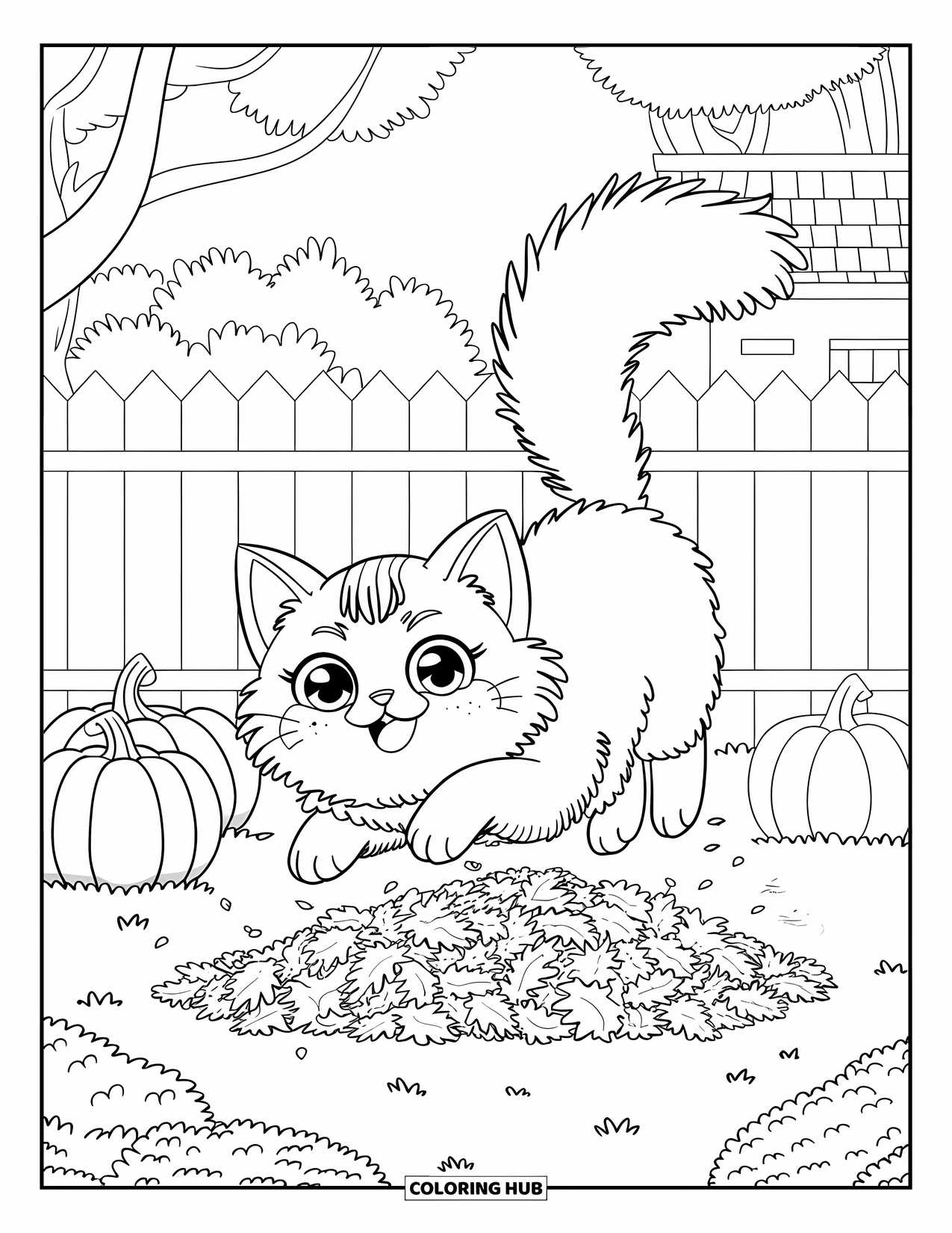 Fall Cat Coloring Page for Kids: A fluffy cat with a bushy tail jumps into a pile of leaves in the backyard