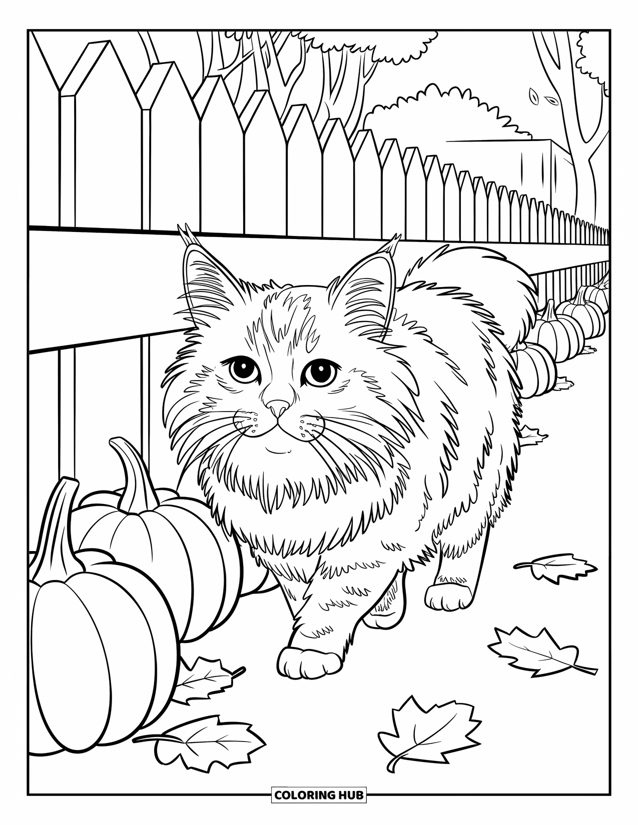 Fall Cat Coloring Page for Kids: A fluffy cat with calm eyes strolls a wooden fence with pumpkins and autumn leaves