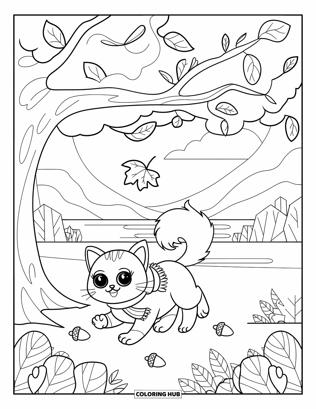 Fall Cat Coloring Page for Kids: A fluffy-tailed cat in a scarf chases a leaf under a big oak tree with acorns