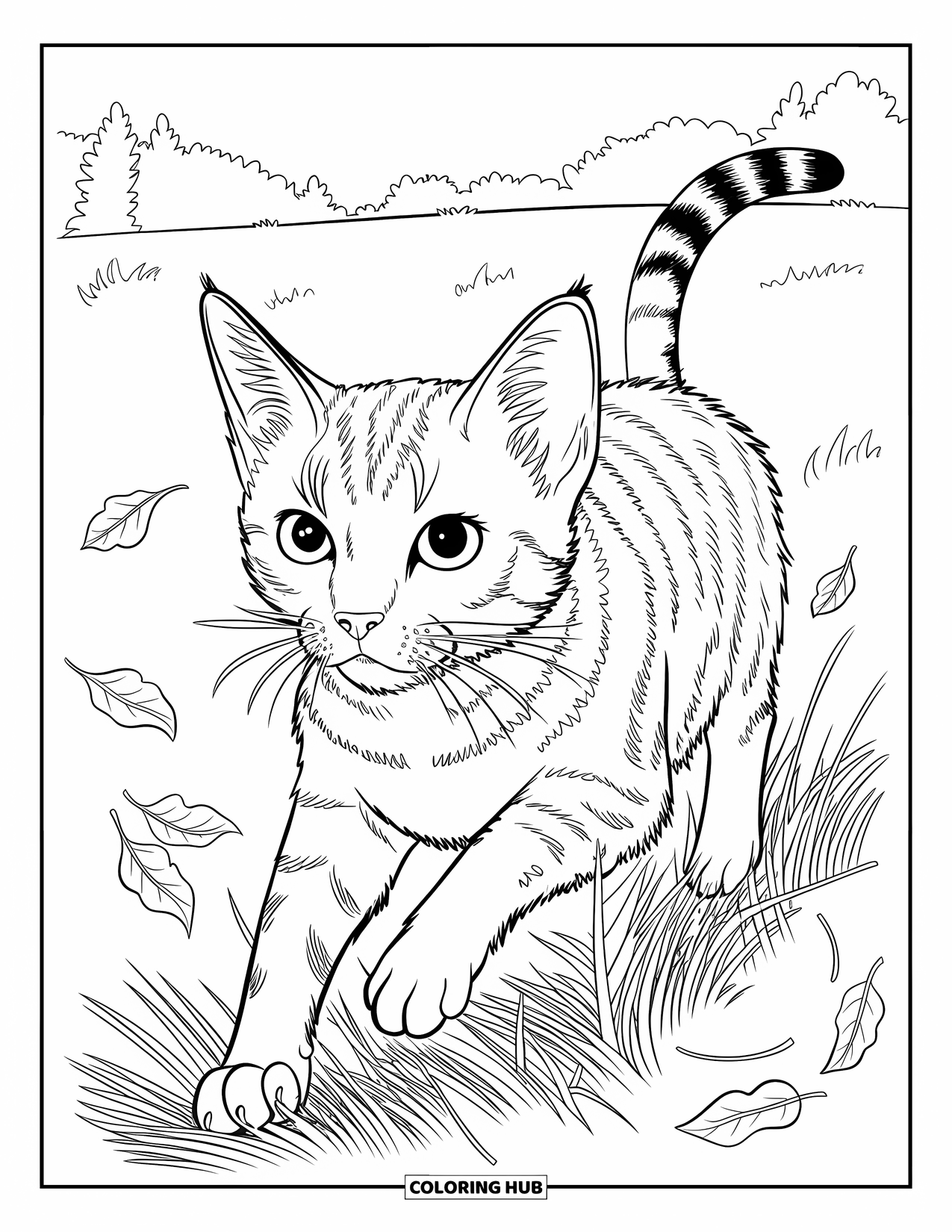 Fall Cat Coloring Page for Kids: A lean tabby cat leaps through a hayfield with dried leaves swirling in the wind