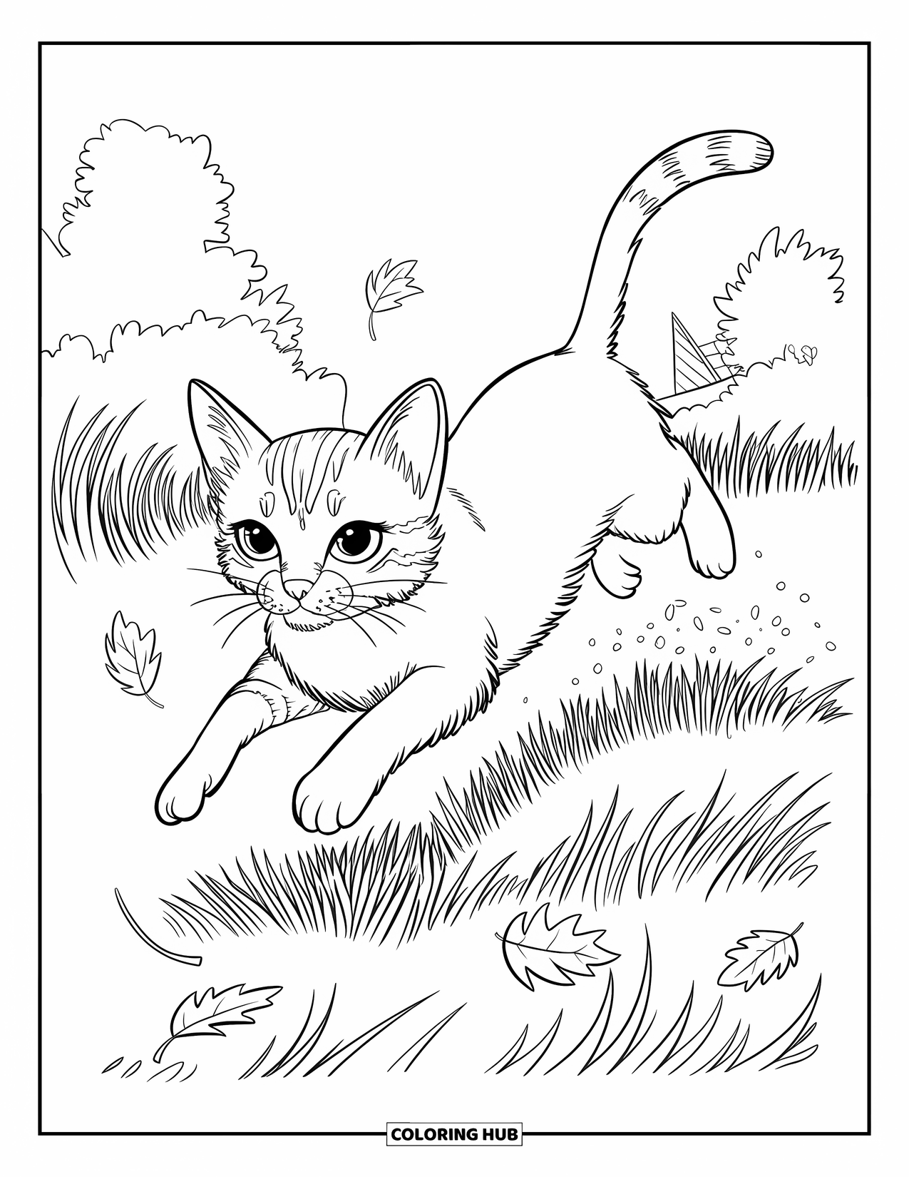 Fall Cat Coloring Page for Kids: A lively tabby cat leaps through a breezy hayfield surrounded by trees and grass