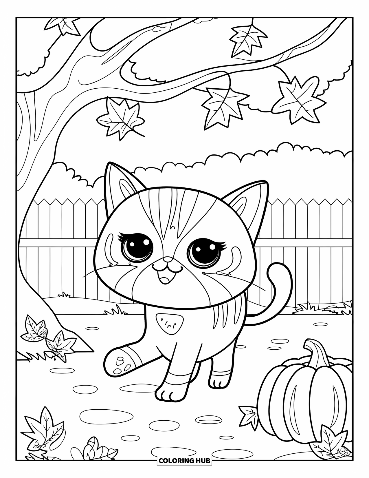 Fall Cat Coloring Page for Kids: A playful cat chases a falling leaf under a big oak tree and sunny skies