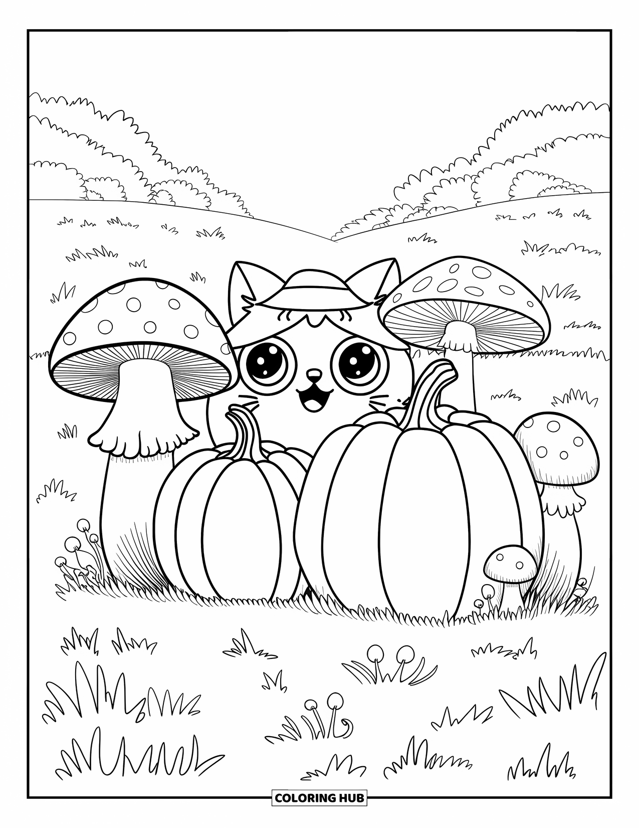 Fall Cat Coloring Page for Kids: A playful cat peeks from behind pumpkins and mushrooms in a field of hills and trees