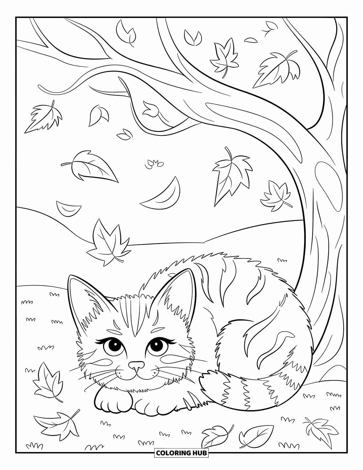 Fall Cat Coloring Page for Kids: A relaxed fall cat rests under a bare tree as leaves dance in the breeze