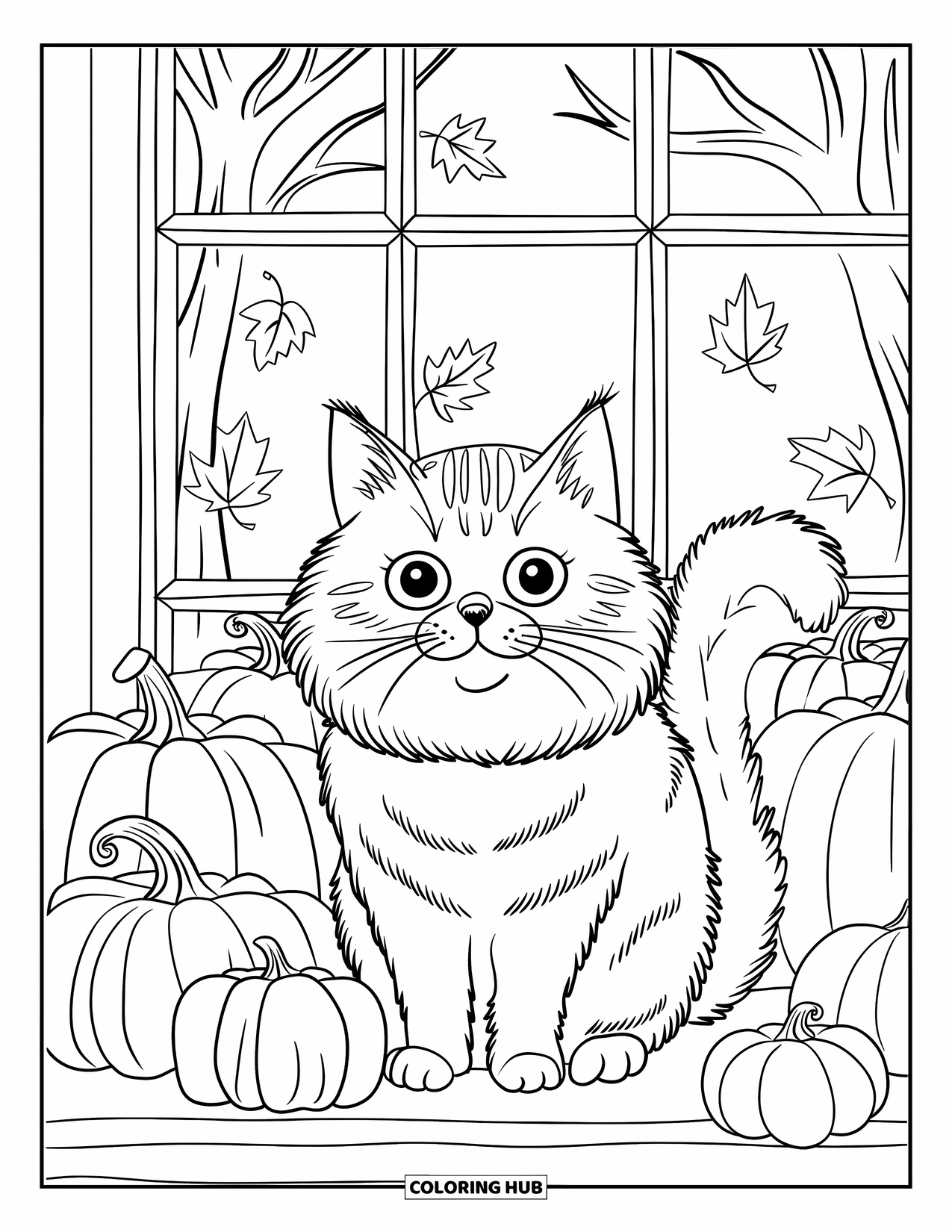 Fall Cat Coloring Page for Kids: A round-faced cat rests by pumpkins on a windowsill with bare trees beyond