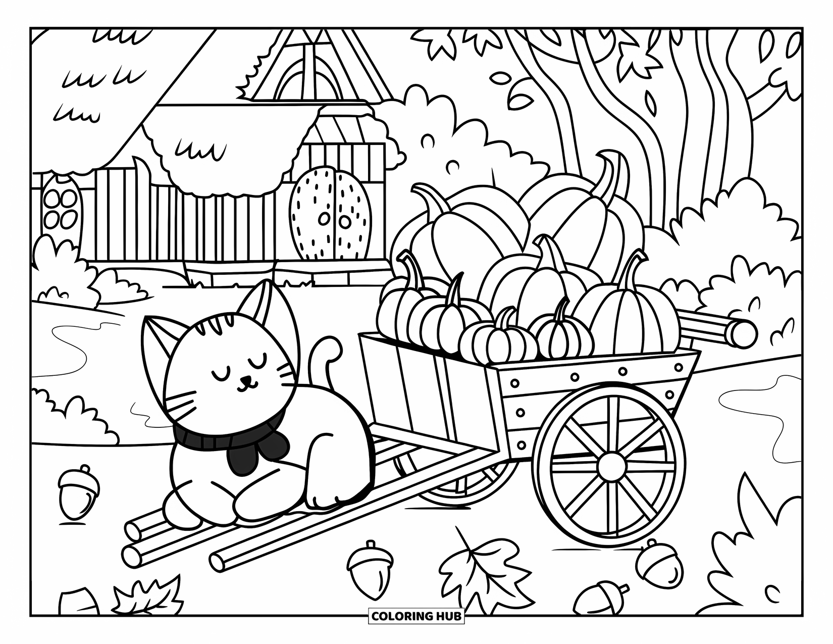 Fall Cat Coloring Page for Kids: A scarf-wearing cat lounges near a pumpkin cart and rustic cottage with falling leaves