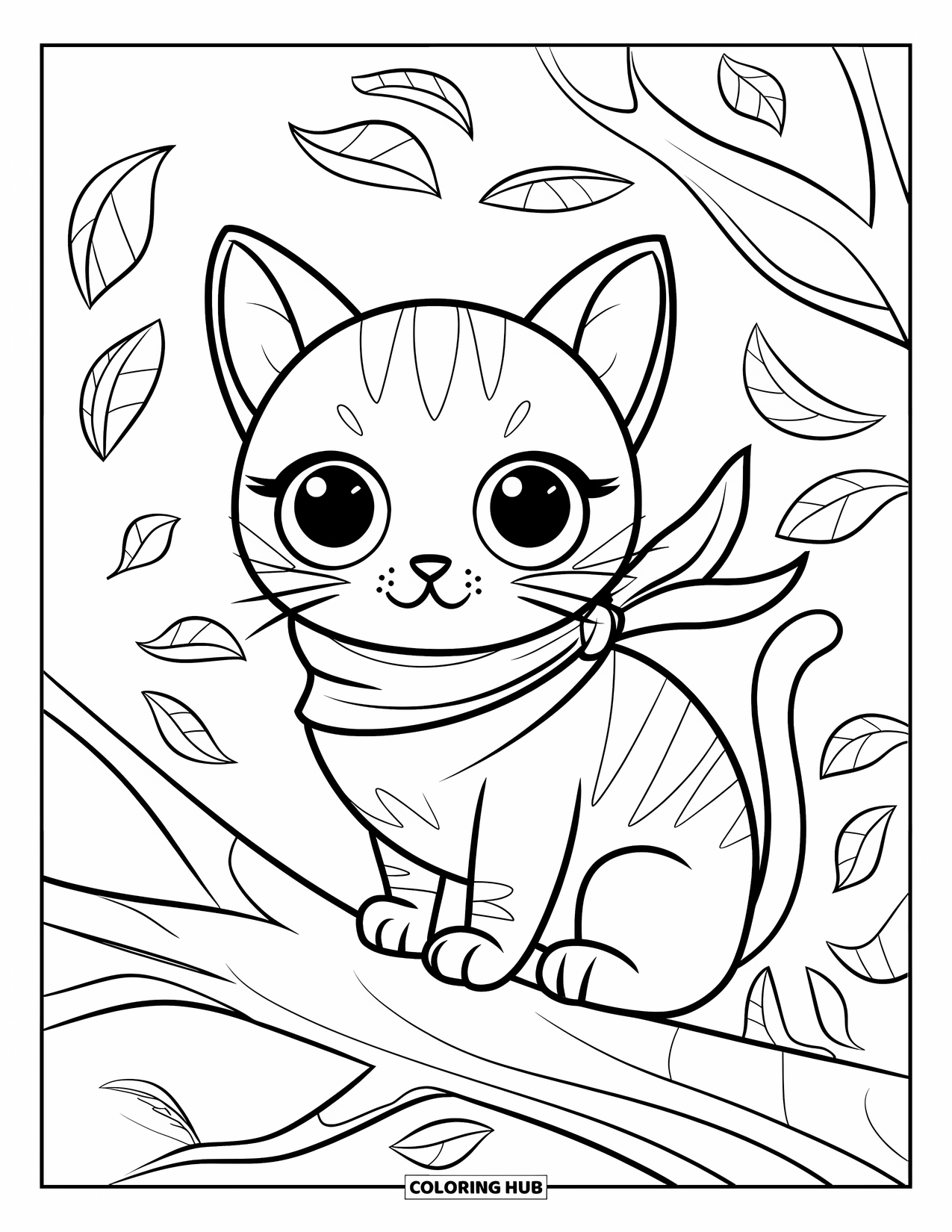Fall Cat Coloring Page for Kids: A scarfed cat perches on a tree branch while fall leaves blow through the forest