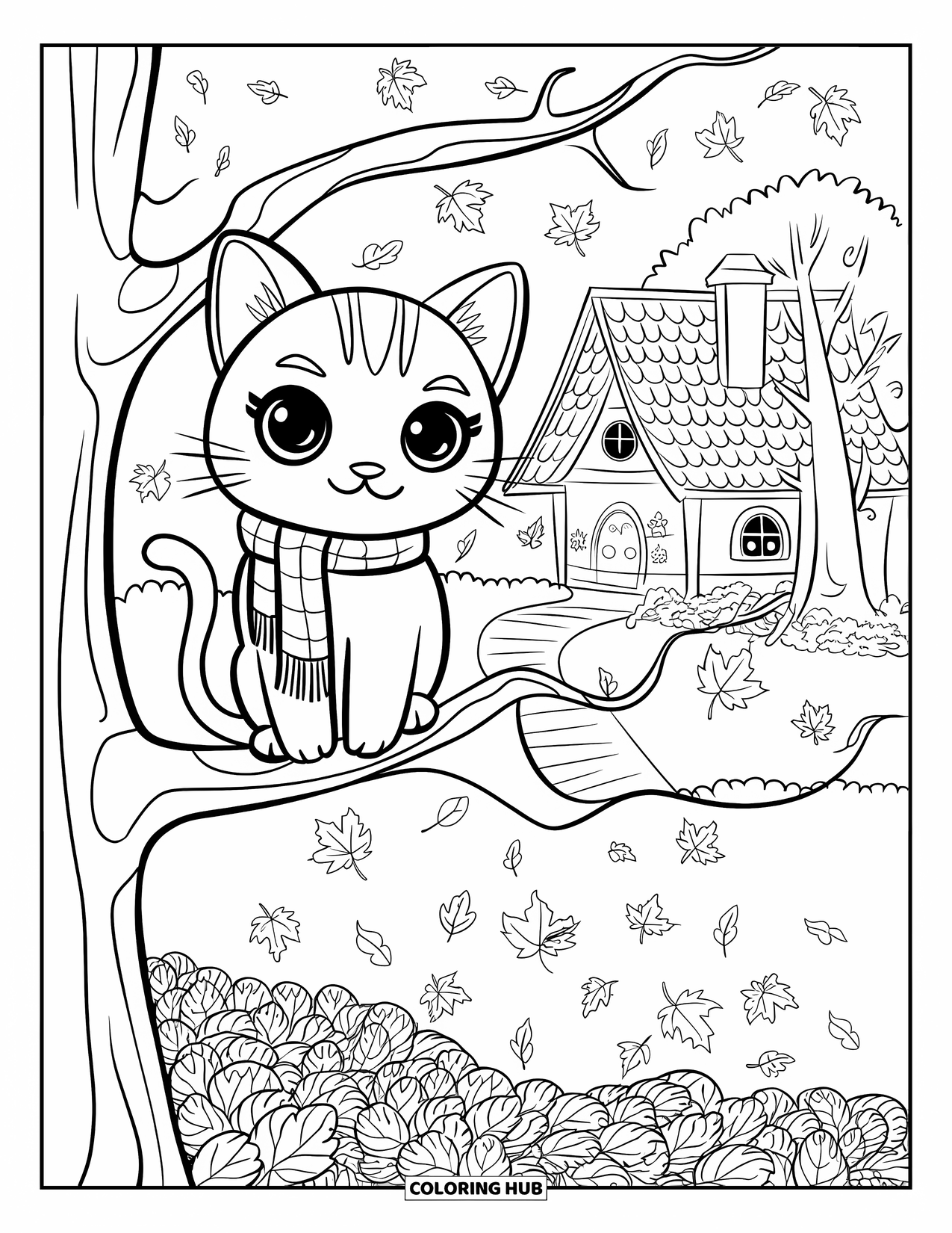 Fall Cat Coloring Page for Kids: A scarfed cat rests on a branch as leaves fall with a cozy cabin in view