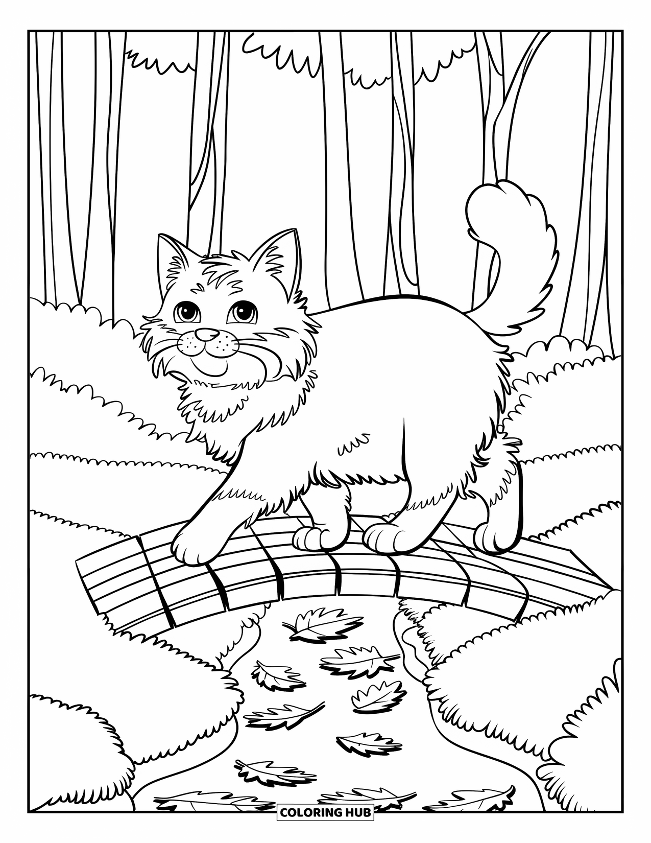 Fall Cat Coloring Page for Kids: A shaggy cat crosses a bridge over a creek surrounded by tall forest trees