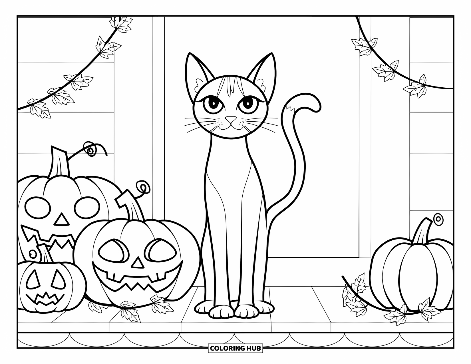 Fall Cat Coloring Page for Kids: A sleek fall cat stands on a porch with pumpkins and leaf garlands around it