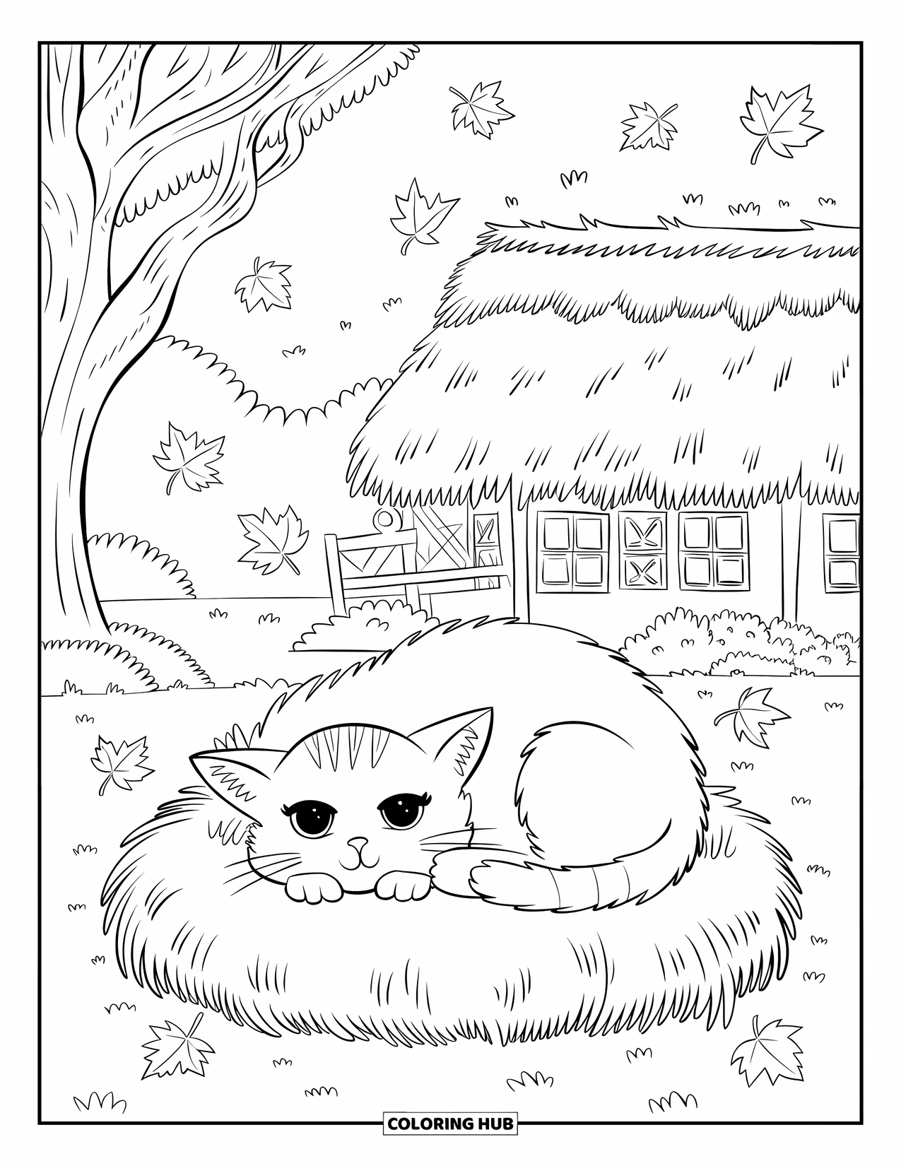 Fall Cat Coloring Page for Kids: A sleepy cat curls up on a hay bale under falling leaves near a quaint house
