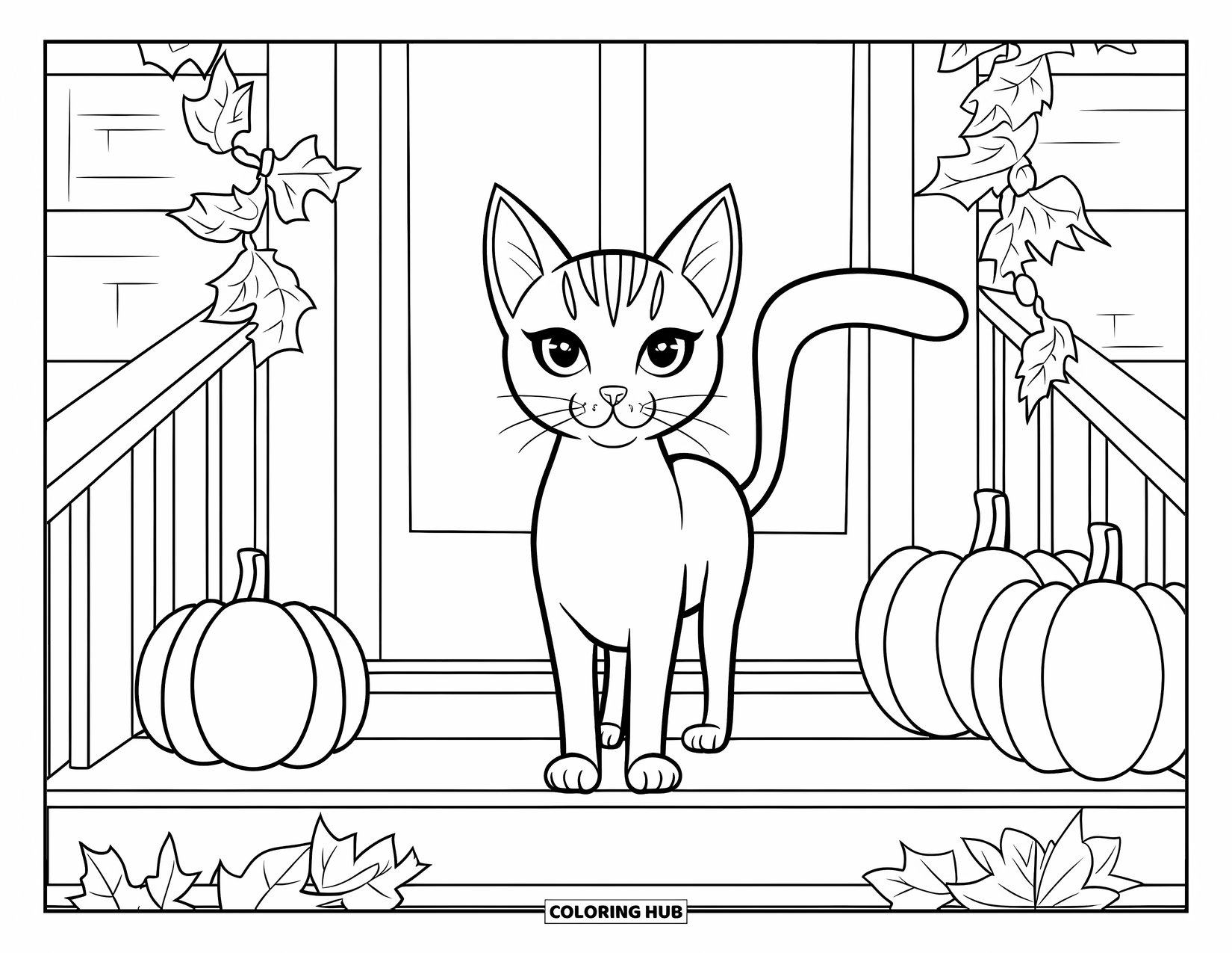 Fall Cat Coloring Page for Kids: A smooth-coated cat stands tall among pumpkins and leafy garlands on a cozy porch