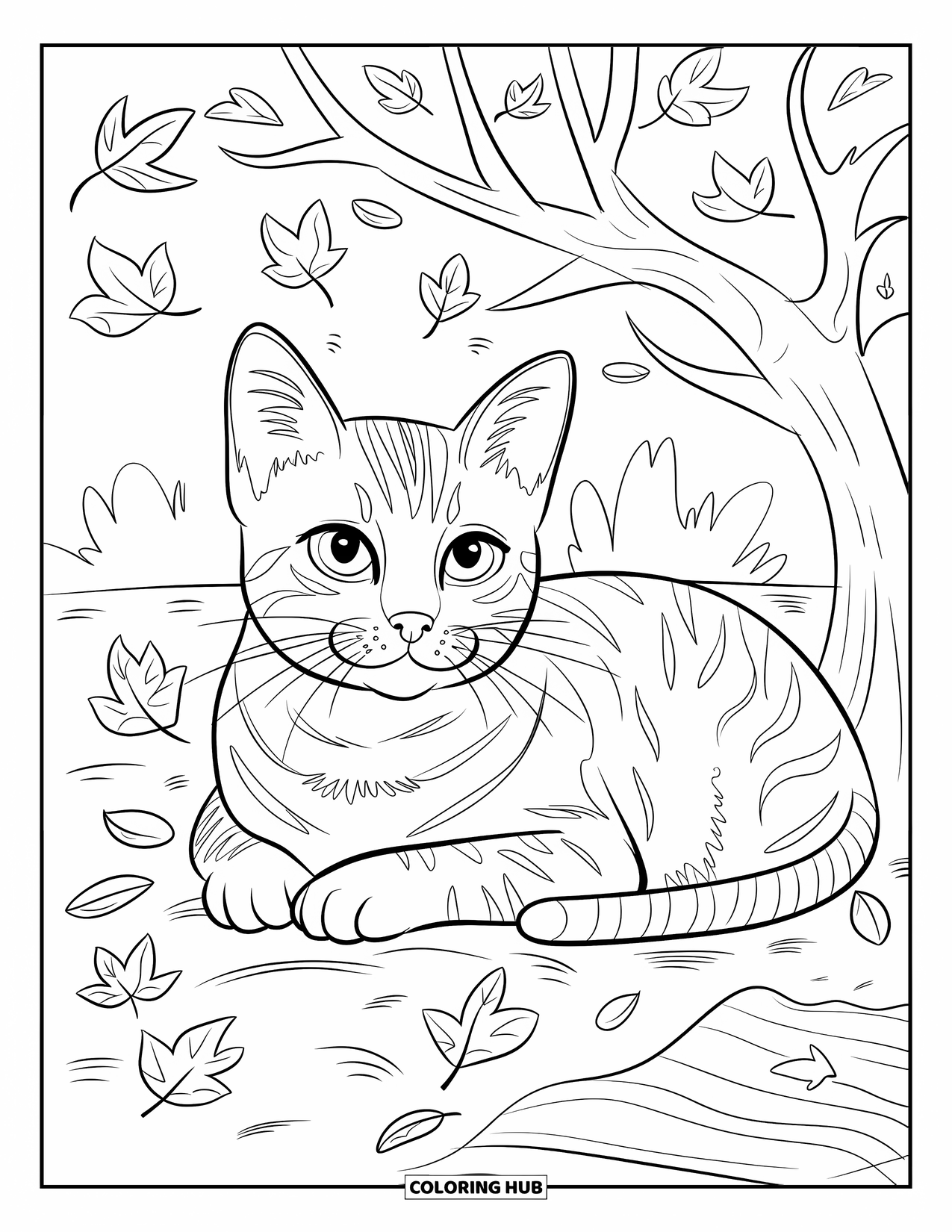 Fall Cat Coloring Page for Kids: A striped cat lounges beneath a leafless tree as swirling leaves drift by