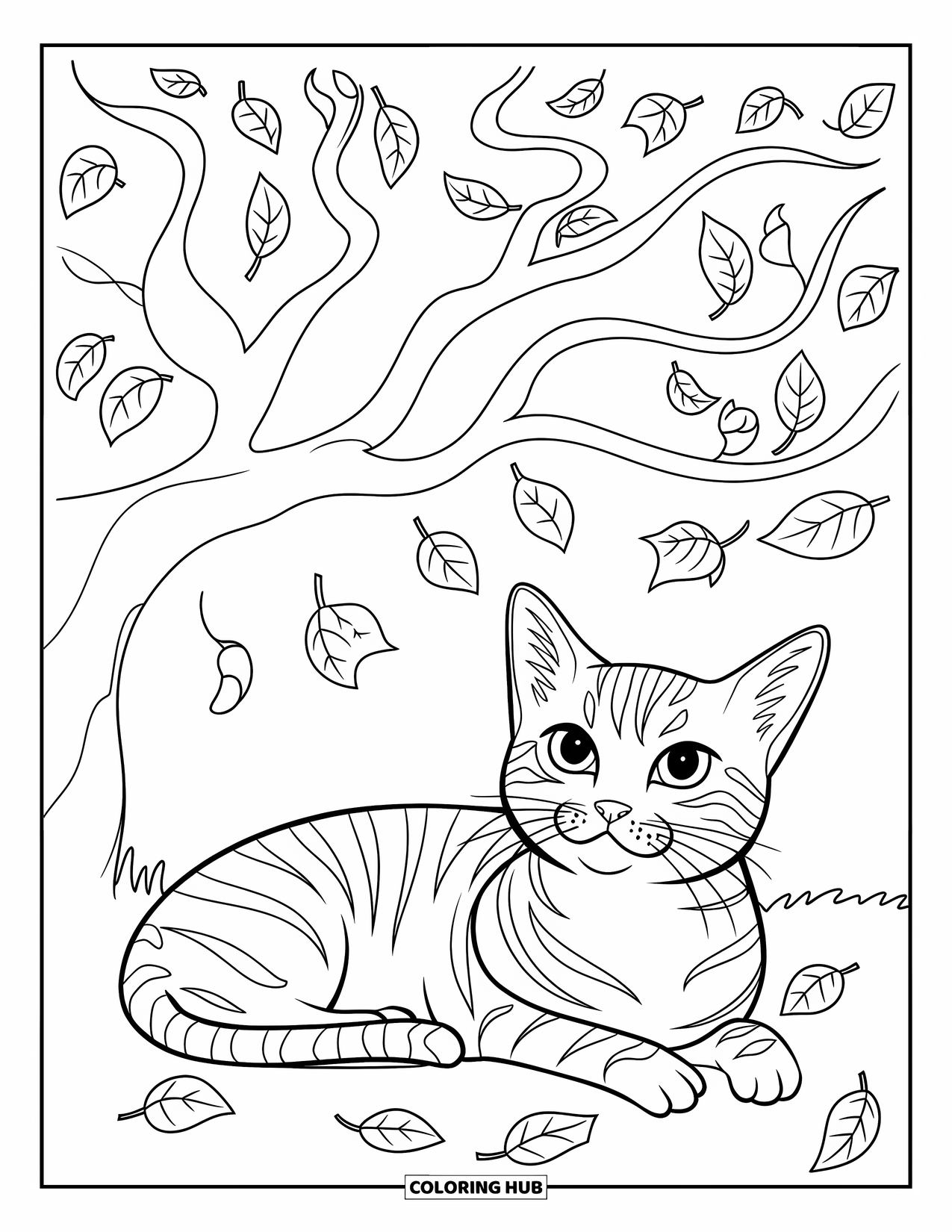 Fall Cat Coloring Page for Kids: A striped short-haired cat lounges under a tree with swirling autumn leaves around it