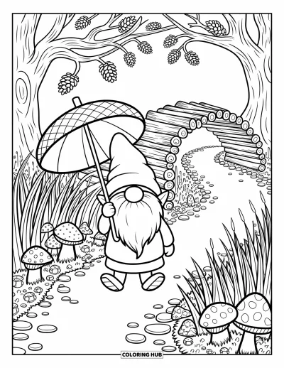 Coloriage de gnome d'automne pour adultes : Un gnome joyeux se promène avec un parapluie en forme de gland sur un sentier forestier