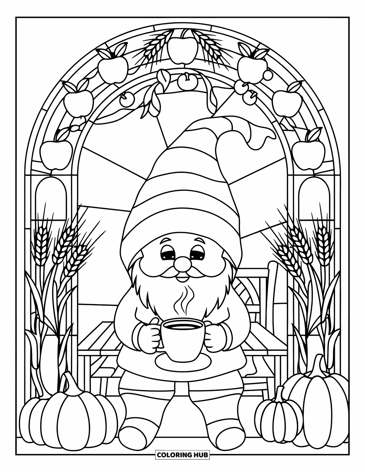 Fall Gnome Coloring Page for Adults: A cozy gnome enjoys a hot drink under an arch of apples, wheat, and vines