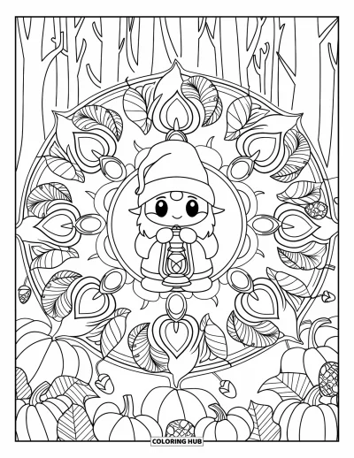 Coloriage de gnome d'automne pour adultes : Un gnome douillet illumine la forêt depuis le centre d'un mandala feuillu rempli de citrouilles