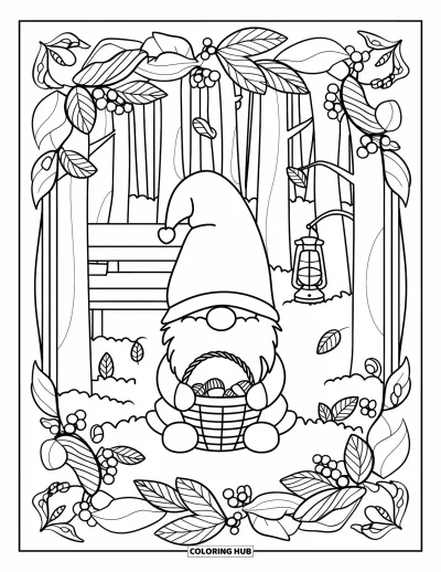 Coloriage de gnome d'automne pour adultes : Un gnome douillet dans la forêt tient des glands, entouré de volutes de mandala feuillues