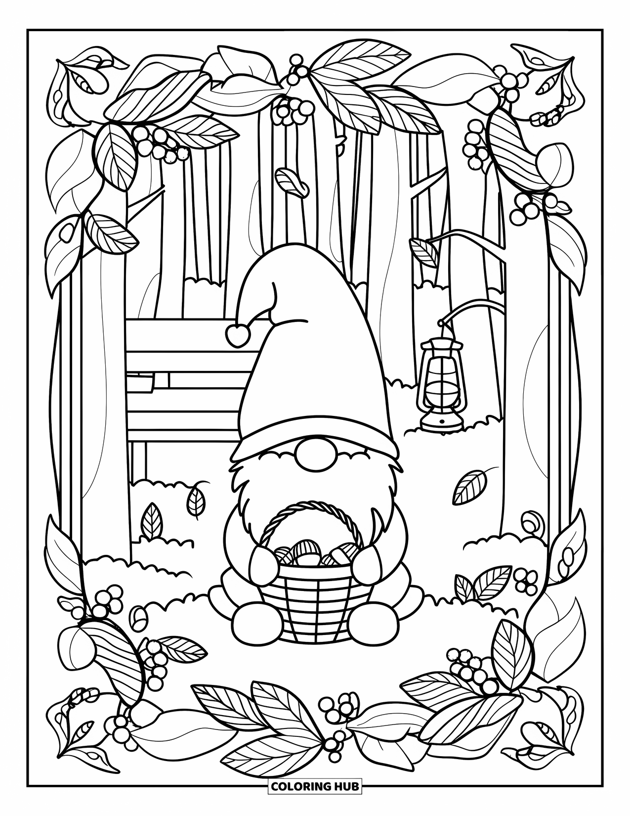 Fall Gnome Coloring Page for Adults: A cozy gnome sits in the forest holding acorns, framed by leafy mandala swirls