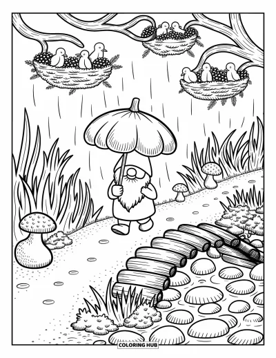 Coloriage de gnome d'automne pour adultes : Un gnome tient un parapluie en forme de gland pendant que des animaux curieux l'observent depuis les bois