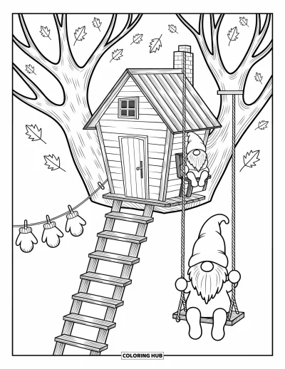 Coloriage de gnome d'automne pour adultes : Un gnome regarde par la fenêtre d'une cabane dans les arbres tandis qu'un autre se balance à une branche en dessous