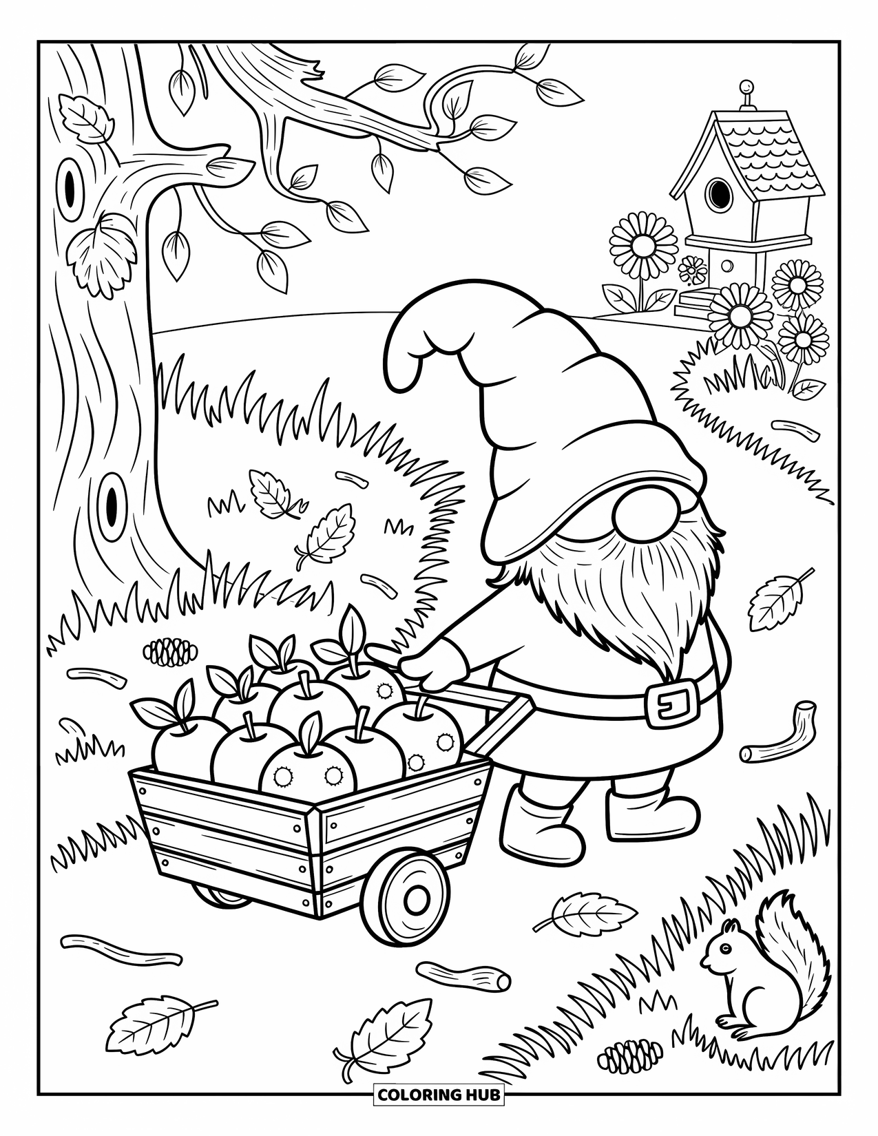 Fall Gnome Coloring Page for Adults: A gnome pulls a cart of apples down a path of twigs and pinecones