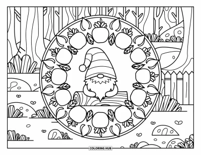 Coloriage de gnome d'automne pour adultes : Un gnome se détend au cœur d'un mandala feuillu et rempli de pommes dans les bois