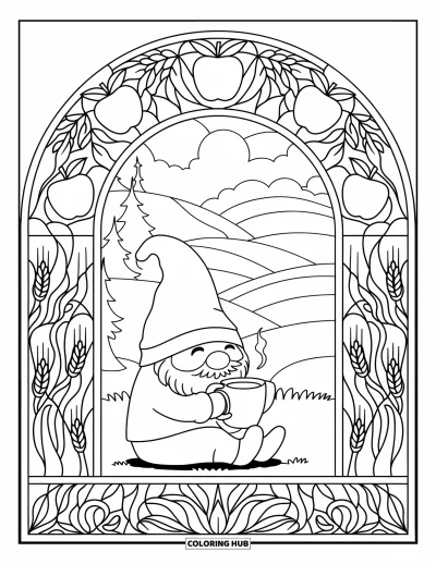 Coloriage de gnome d'automne pour adultes : Un gnome sirote une boisson chaude sous une arche en vitrail représentant une récolte d'automne