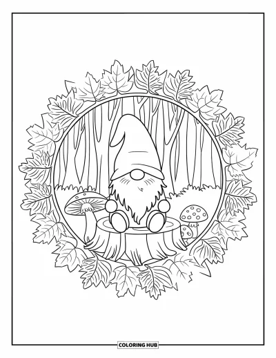 Coloriage de gnome d'automne pour adultes : Un gnome assis tranquillement sur une souche dans un mandala forestier rempli de feuilles et de champignons
