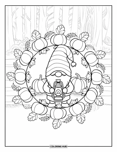 Coloriage de gnome d'automne pour adultes : Un gnome se tient fièrement dans un cercle de glands, de citrouilles et de feuilles d'automne