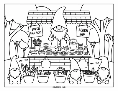 Coloriage de gnome d'automne pour adultes : Un gnome marchand sourit derrière des caisses de champignons, de pots de confiture et de douceurs d'automne